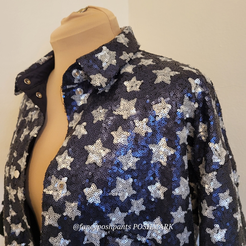 ZARA sequined star BLOGGER FAV! lined snap shirt jacket  2 large patch pockets - Picture 8 of 17